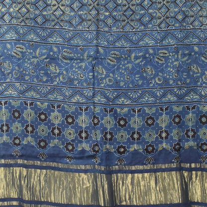 Ajrakh Modal Silk Natural Dye Hand Block Print Dress Material with Golden Border Dupatta - with Tassels - 2.5 Mt Top   -  SKU : AI02501C