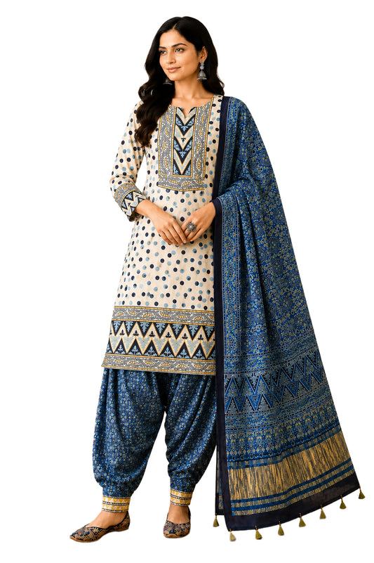 Ajrakh Modal Silk Natural Dye Hand Block Print Dress Material with Golden Border Dupatta - with Tassels - 2.5 Mt Top   -  SKU : AI02501H