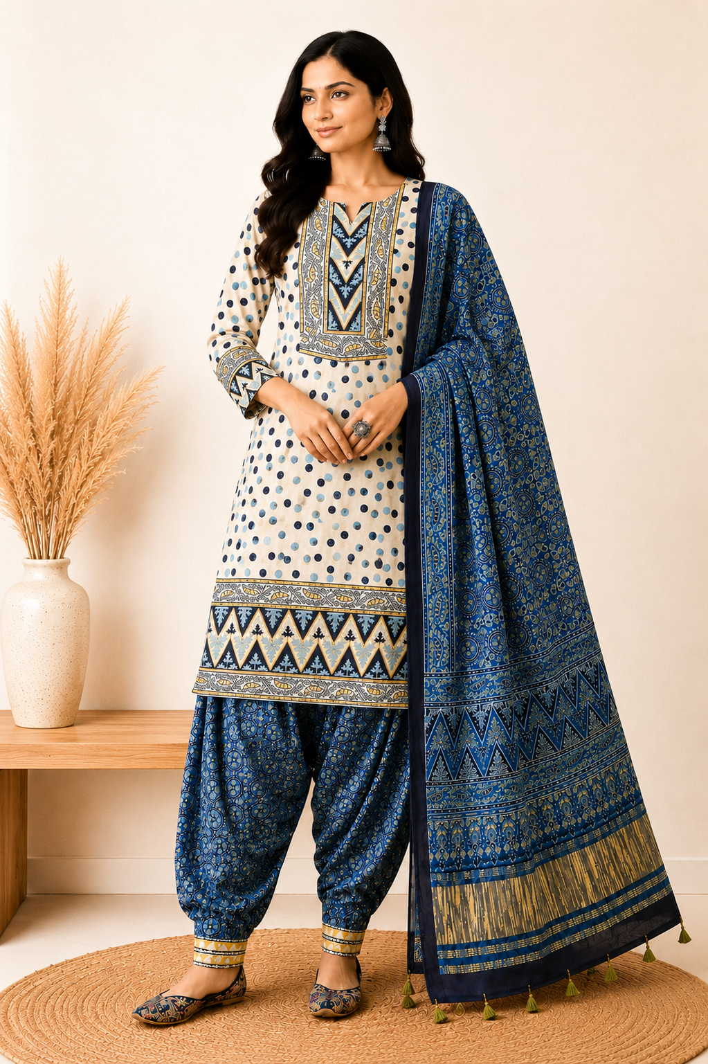 Ajrakh Modal Silk Natural Dye Hand Block Print Dress Material with Golden Border Dupatta - with Tassels - 2.5 Mt Top   -  SKU : AI02501H