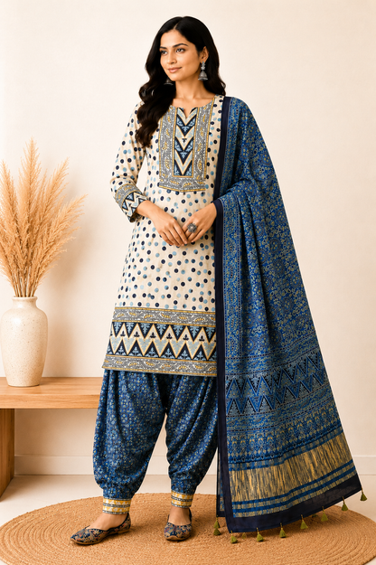 Ajrakh Modal Silk Natural Dye Hand Block Print Dress Material with Golden Border Dupatta - with Tassels - 2.5 Mt Top   -  SKU : AI02501H