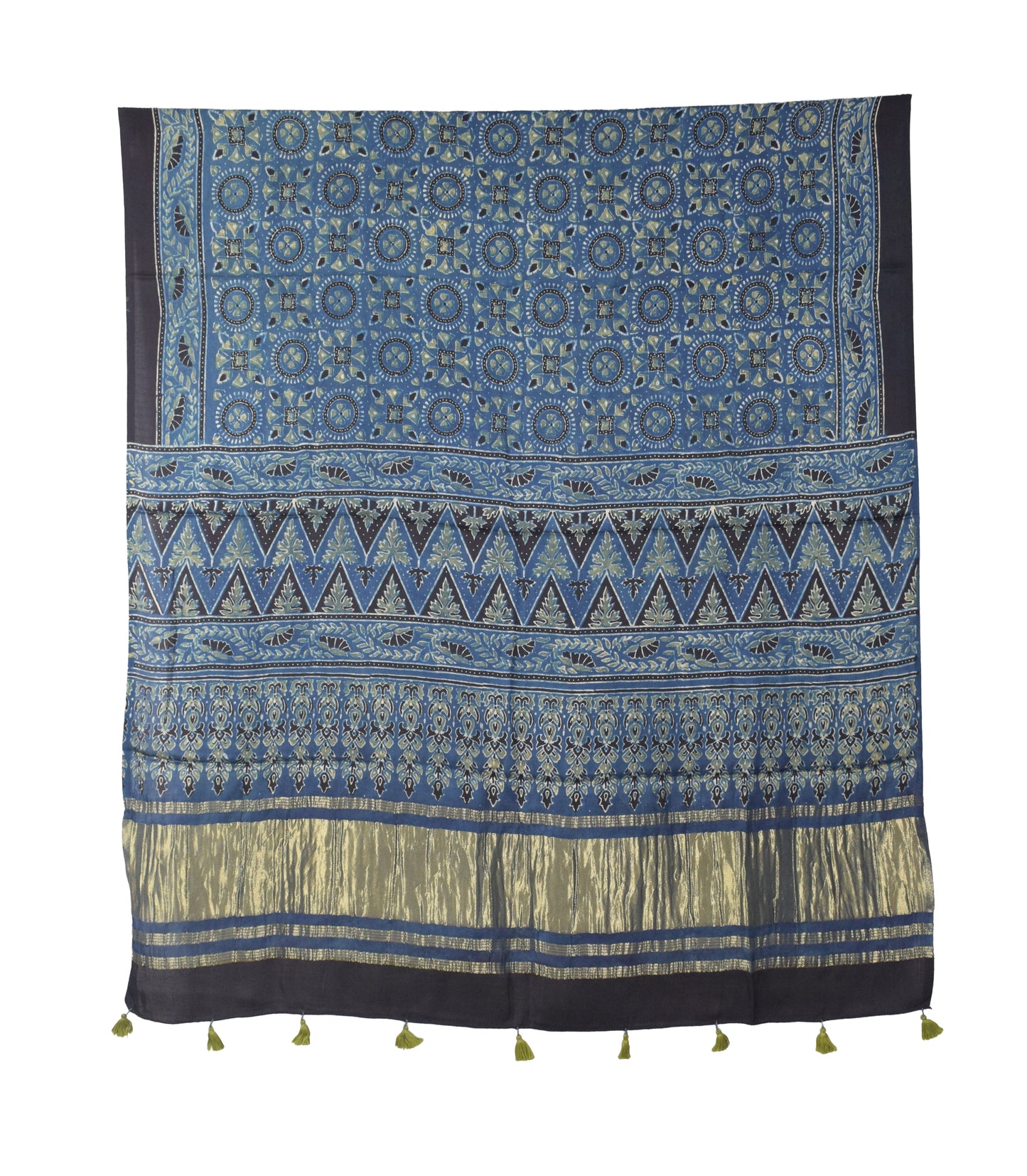 Ajrakh Modal Silk Natural Dye Hand Block Print Dress Material with Golden Border Dupatta - with Tassels - 2.5 Mt Top   -  SKU : AI02501H