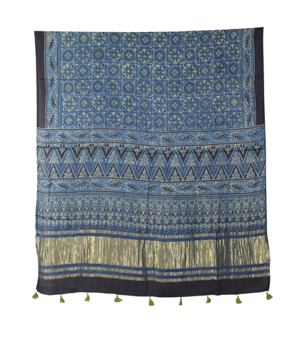 Ajrakh Modal Silk Natural Dye Hand Block Print Dress Material with Golden Border Dupatta - with Tassels - 2.5 Mt Top   -  SKU : AI02501H