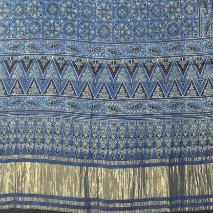 Ajrakh Modal Silk Natural Dye Hand Block Print Dress Material with Golden Border Dupatta - with Tassels - 2.5 Mt Top   -  SKU : AI02501H