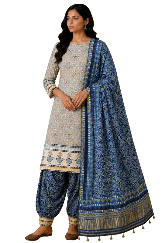 Ajrakh Modal Silk Natural Dye Hand Block Print Dress Material with Golden Border Dupatta - with Tassels - 2.5 Mt Top   -  SKU : AI02501M
