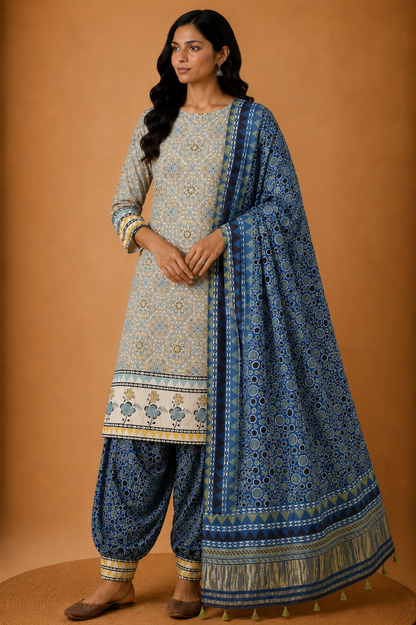 Ajrakh Modal Silk Natural Dye Hand Block Print Dress Material with Golden Border Dupatta - with Tassels - 2.5 Mt Top   -  SKU : AI02501M