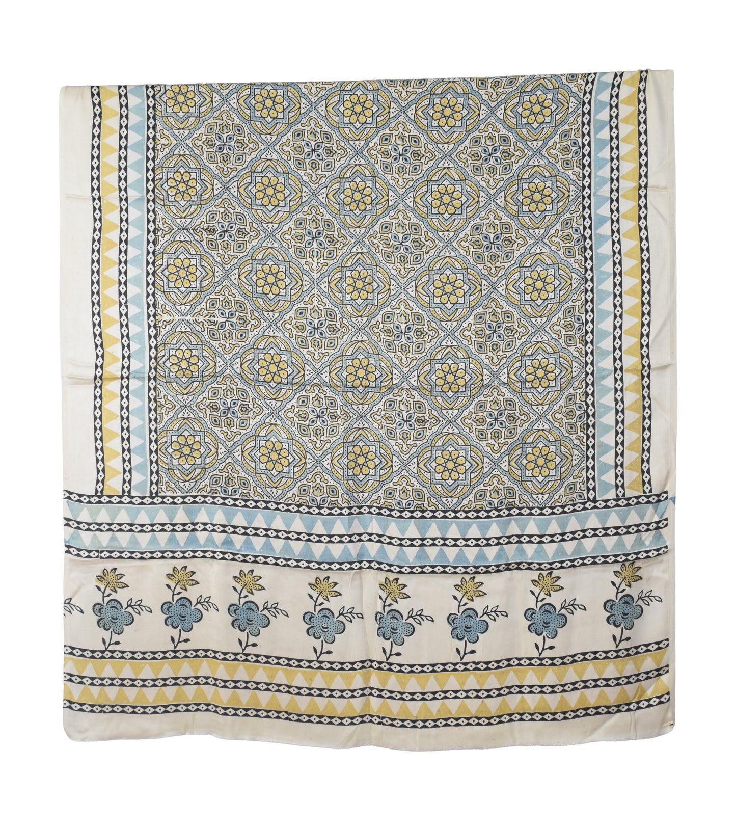 Ajrakh Modal Silk Natural Dye Hand Block Print Dress Material with Golden Border Dupatta - with Tassels - 2.5 Mt Top   -  SKU : AI02501M