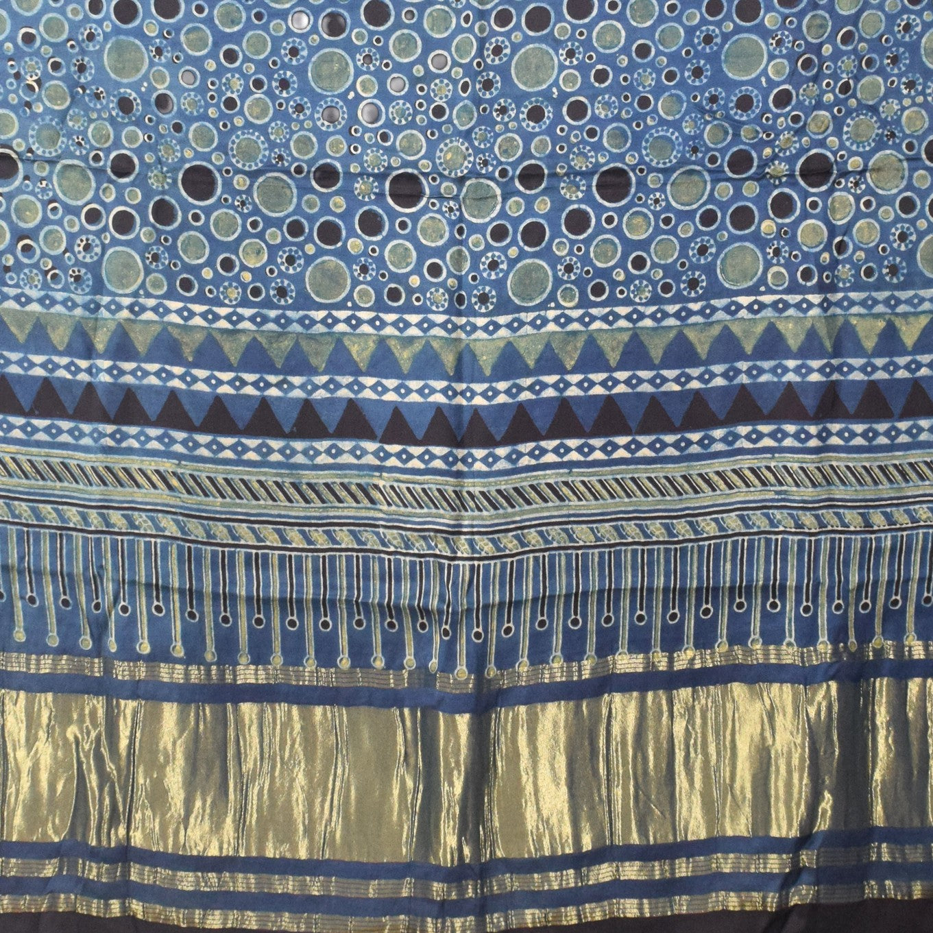 Ajrakh Modal Silk Natural Dye Hand Block Print Dress Material with Golden Border Dupatta - with Tassels - 2.5 Mt Top   -  SKU : AI02501M