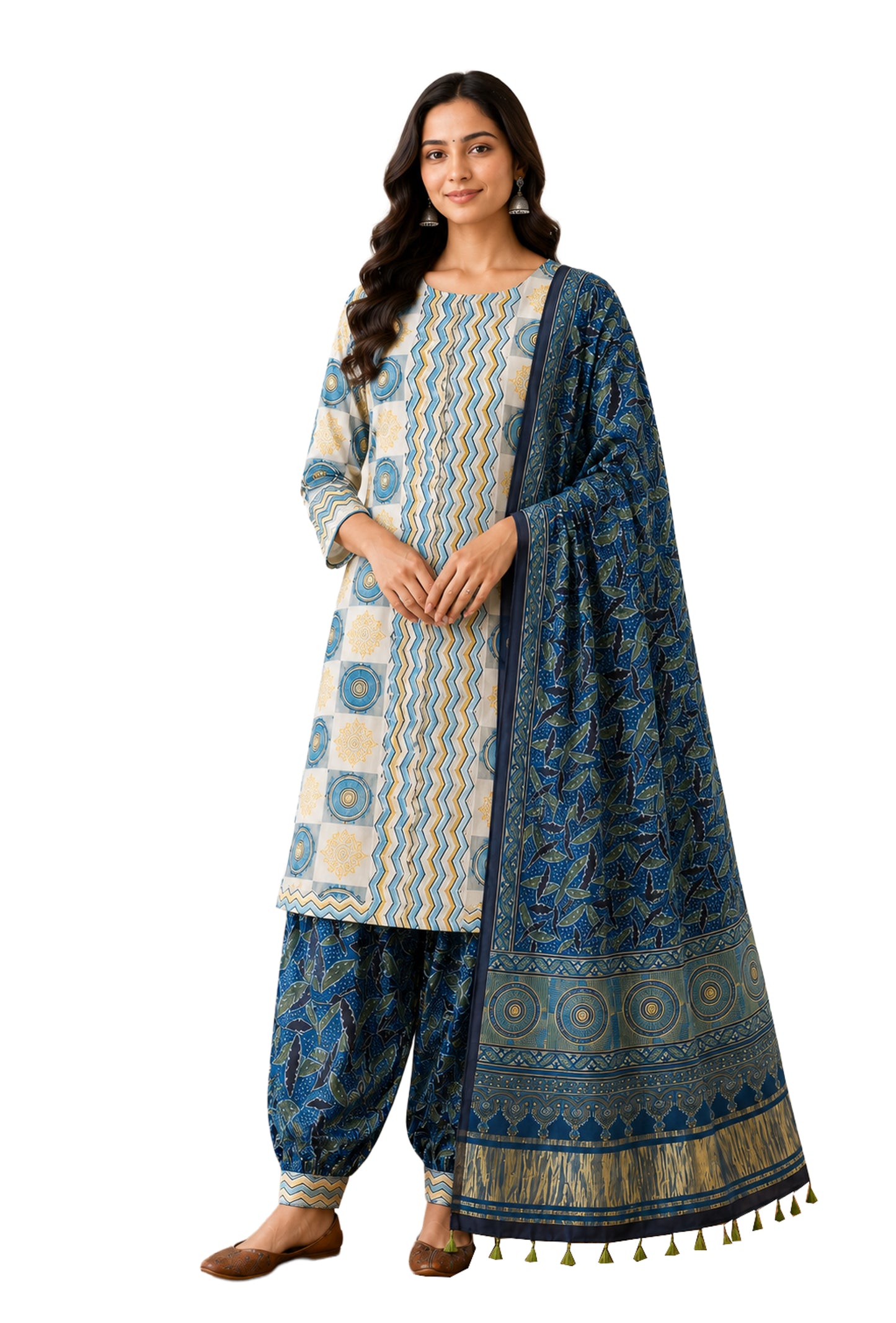 Ajrakh Modal Silk Natural Dye Hand Block Print Dress Material with Golden Border Dupatta - with Tassels - 2.5 Mt Top   -  SKU : AI02501R