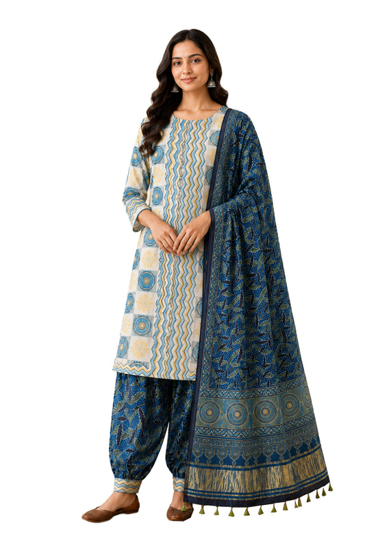 Ajrakh Modal Silk Natural Dye Hand Block Print Dress Material with Golden Border Dupatta - with Tassels - 2.5 Mt Top   -  SKU : AI02501R