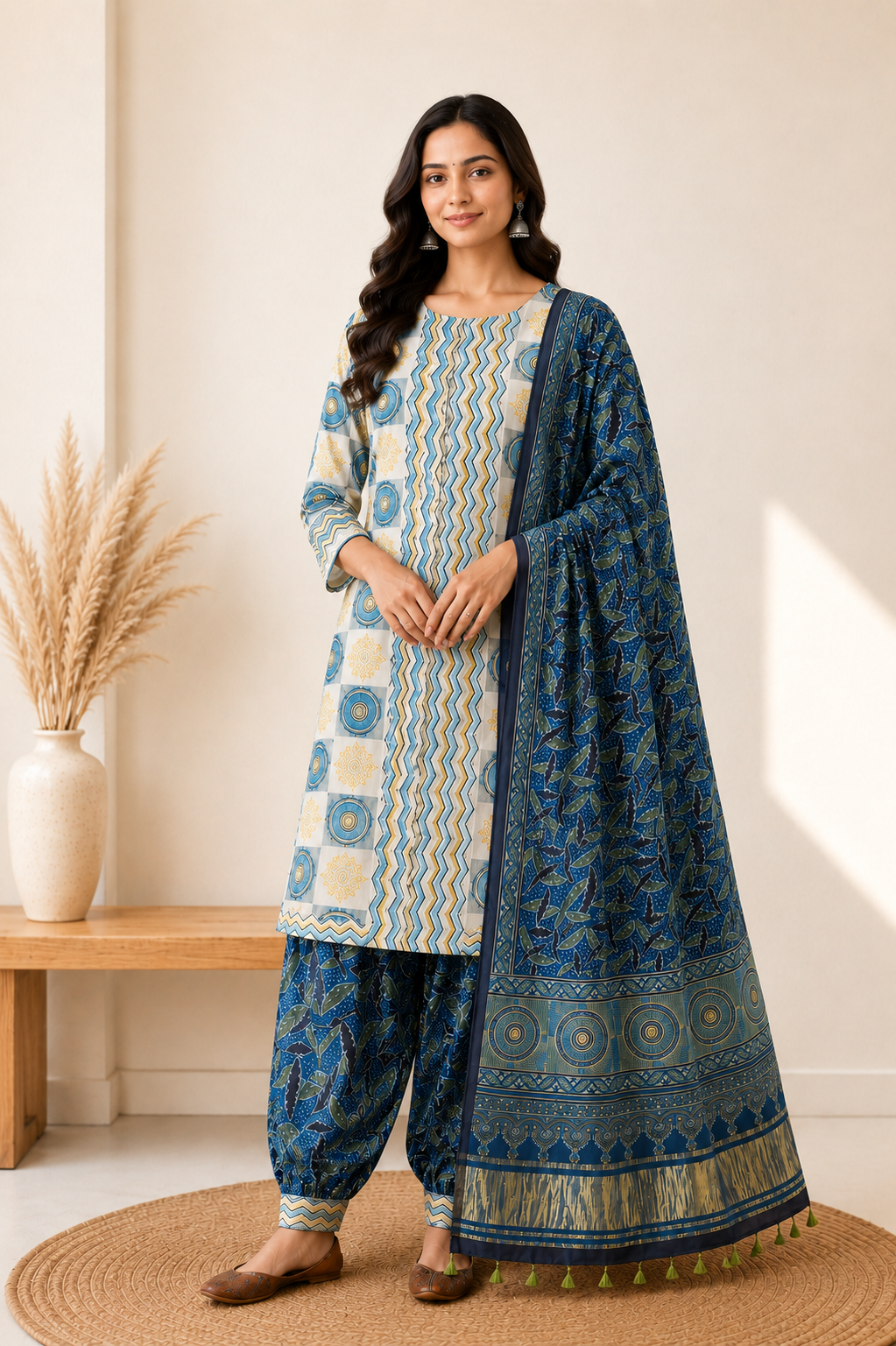 Ajrakh Modal Silk Natural Dye Hand Block Print Dress Material with Golden Border Dupatta - with Tassels - 2.5 Mt Top   -  SKU : AI02501R