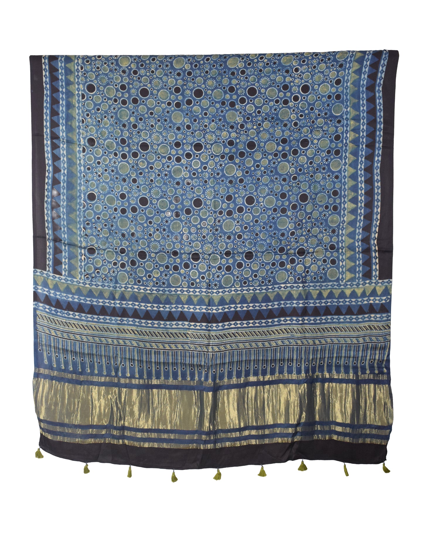 Ajrakh Modal Silk Natural Dye Hand Block Print Dress Material with Golden Border Dupatta - with Tassels - 2.5 Mt Top   -  SKU : AI02501R