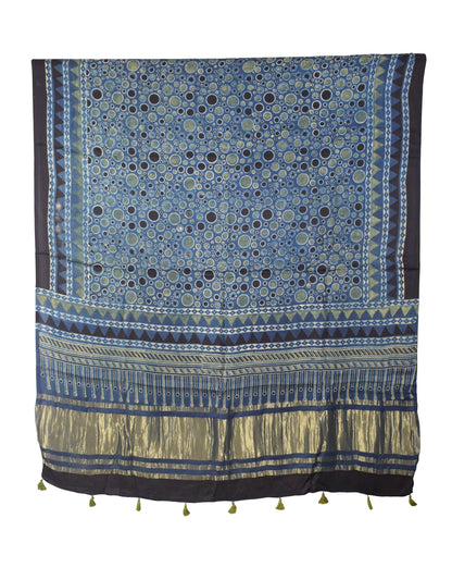 Ajrakh Modal Silk Natural Dye Hand Block Print Dress Material with Golden Border Dupatta - with Tassels - 2.5 Mt Top   -  SKU : AI02501R