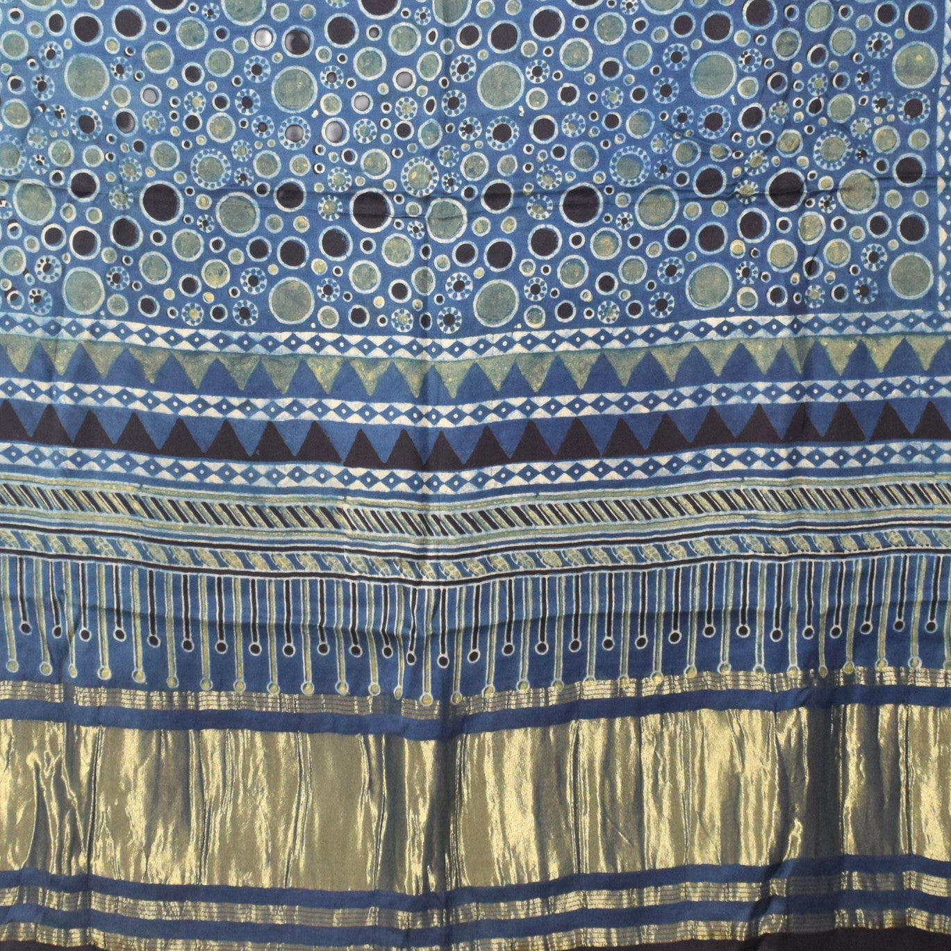 Ajrakh Modal Silk Natural Dye Hand Block Print Dress Material with Golden Border Dupatta - with Tassels - 2.5 Mt Top   -  SKU : AI02501R