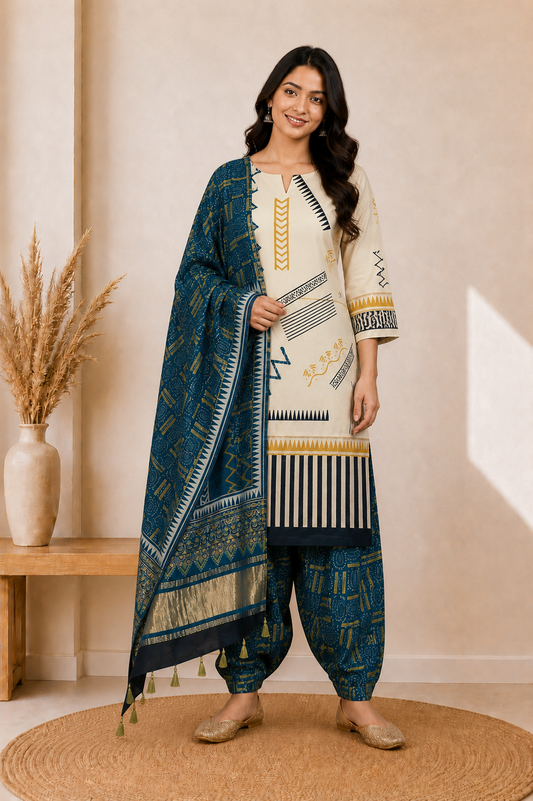Ajrakh Modal Silk Natural Dye Hand Block Print Dress Material with Golden Border Dupatta - with Tassels - 2.5 Mt Top    -  SKU : AI27A03C