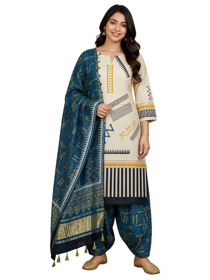 Ajrakh Modal Silk Natural Dye Hand Block Print Dress Material with Golden Border Dupatta - with Tassels - 2.5 Mt Top    -  SKU : AI27A03C