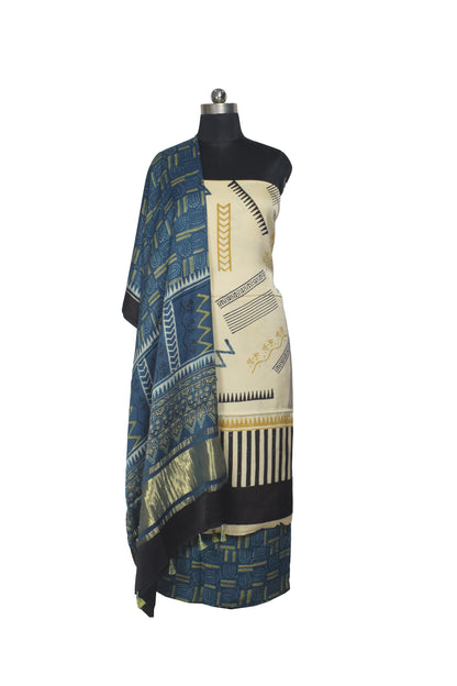 Ajrakh Modal Silk Natural Dye Hand Block Print Dress Material with Golden Border Dupatta - with Tassels - 2.5 Mt Top    -  SKU : AI27A03C