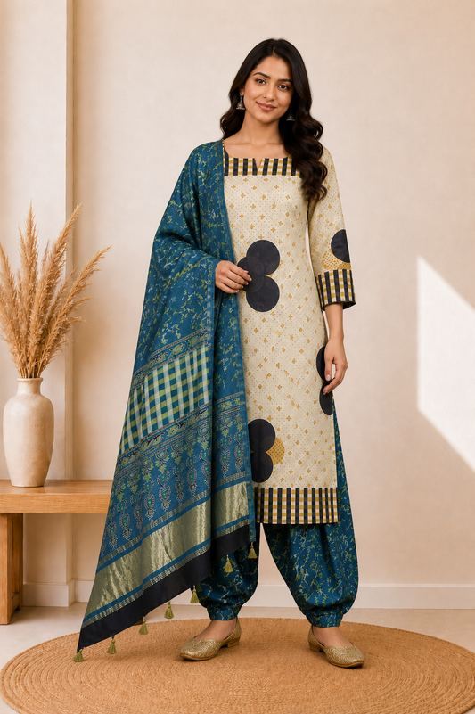 Ajrakh Modal Silk Natural Dye Hand Block Print Dress Material with Golden Border Dupatta - with Tassels - 2.5 Mt Top    -  SKU : AI27A03G