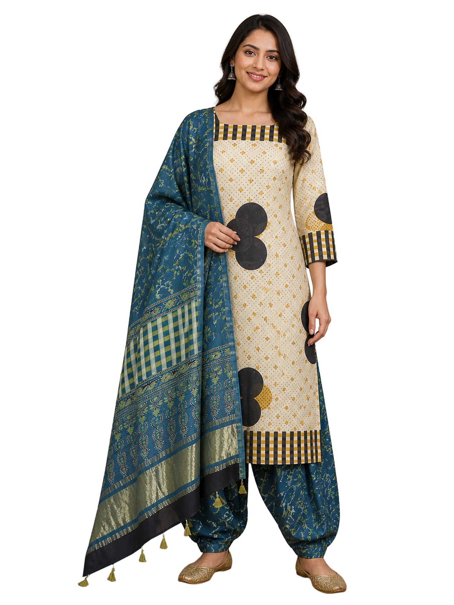 Ajrakh Modal Silk Natural Dye Hand Block Print Dress Material with Golden Border Dupatta - with Tassels - 2.5 Mt Top    -  SKU : AI27A03G