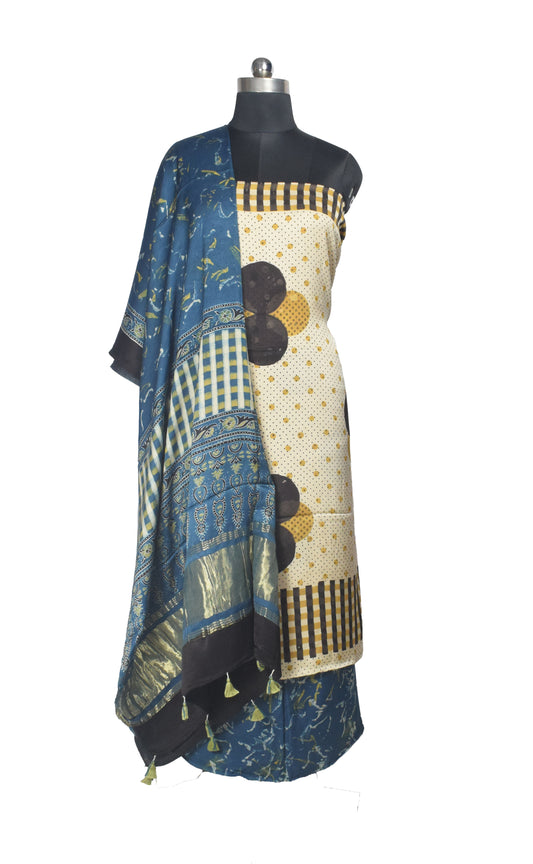Ajrakh Modal Silk Natural Dye Hand Block Print Dress Material with Golden Border Dupatta - with Tassels - 2.5 Mt Top    -  SKU : AI27A03G