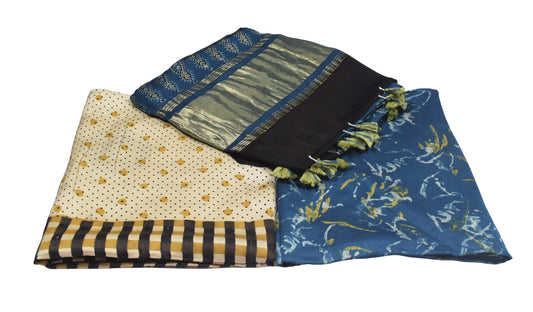 Ajrakh Modal Silk Natural Dye Hand Block Print Dress Material with Golden Border Dupatta - with Tassels - 2.5 Mt Top    -  SKU : AI27A03G