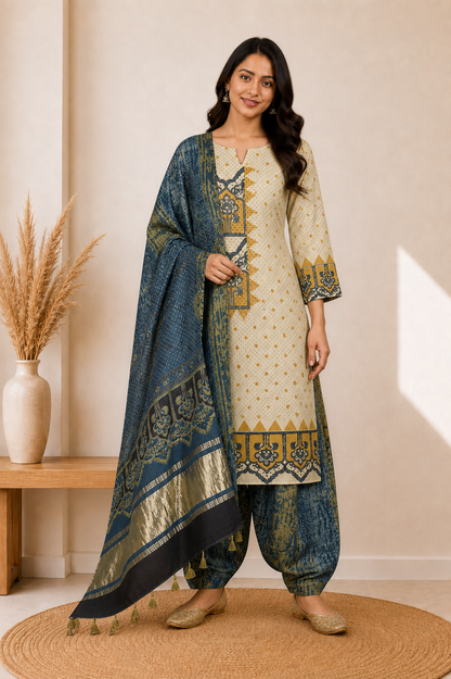 Ajrakh Modal Silk Natural Dye Hand Block Print Dress Material with Golden Border Dupatta - with Tassels - 2.5 Mt Top    -  SKU : AI27A03K