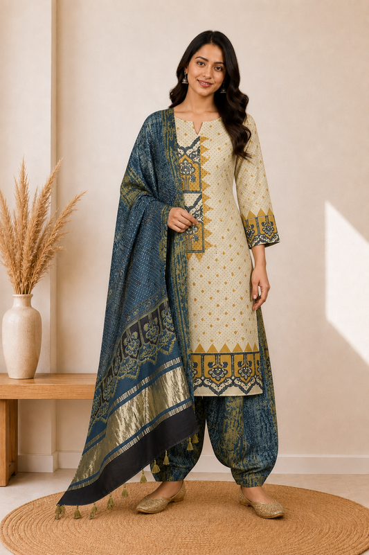 Ajrakh Modal Silk Natural Dye Hand Block Print Dress Material with Golden Border Dupatta - with Tassels - 2.5 Mt Top    -  SKU : AI27A03K