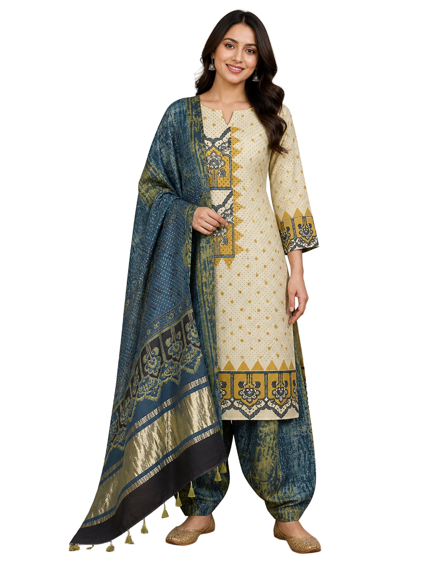 Ajrakh Modal Silk Natural Dye Hand Block Print Dress Material with Golden Border Dupatta - with Tassels - 2.5 Mt Top    -  SKU : AI27A03K
