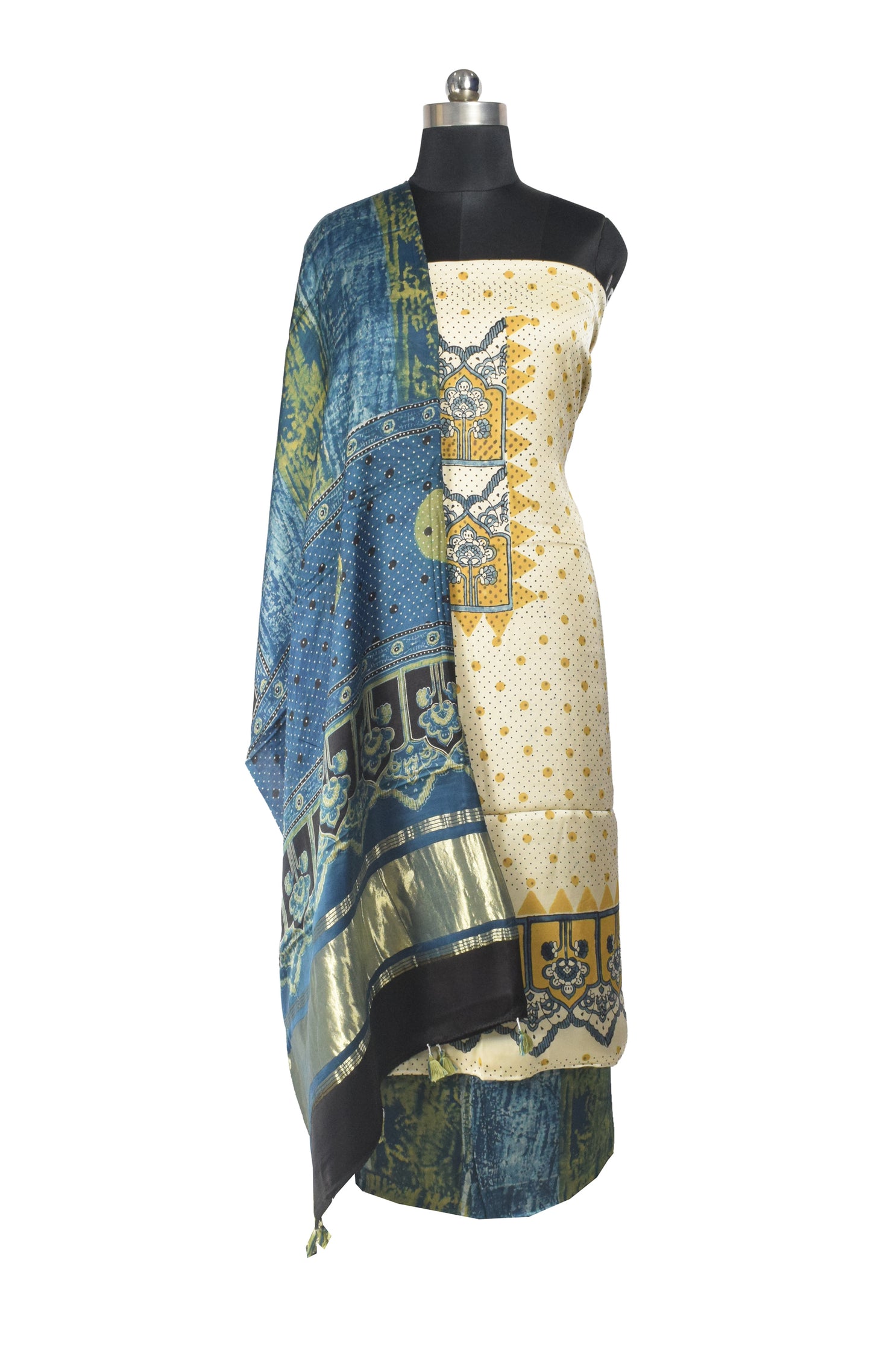 Ajrakh Modal Silk Natural Dye Hand Block Print Dress Material with Golden Border Dupatta - with Tassels - 2.5 Mt Top    -  SKU : AI27A03K
