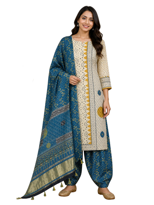 Ajrakh Modal Silk Natural Dye Hand Block Print Dress Material with Golden Border Dupatta - with Tassels - 2.5 Mt Top    -  SKU : AI27A03O