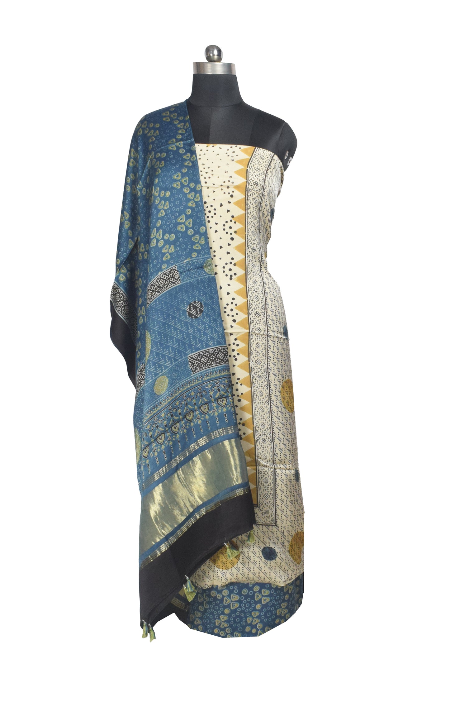 Ajrakh Modal Silk Natural Dye Hand Block Print Dress Material with Golden Border Dupatta - with Tassels - 2.5 Mt Top    -  SKU : AI27A03O