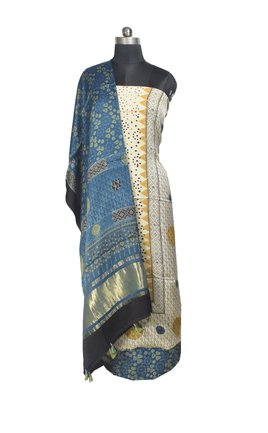 Ajrakh Modal Silk Natural Dye Hand Block Print Dress Material with Golden Border Dupatta - with Tassels - 2.5 Mt Top    -  SKU : AI27A03O