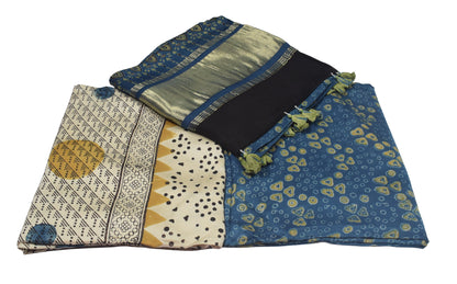 Ajrakh Modal Silk Natural Dye Hand Block Print Dress Material with Golden Border Dupatta - with Tassels - 2.5 Mt Top    -  SKU : AI27A03O