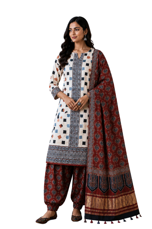 Ajrakh Modal Silk Natural Dye Hand Block Print Dress Material with Golden Border Dupatta - with Tassels - 2.5 Mt Top   -  SKU : AI02501A