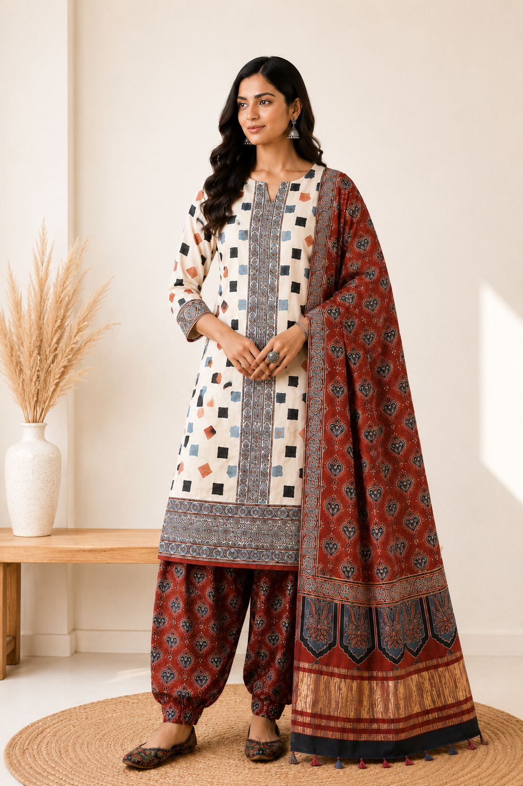 Ajrakh Modal Silk Natural Dye Hand Block Print Dress Material with Golden Border Dupatta - with Tassels - 2.5 Mt Top   -  SKU : AI02501A