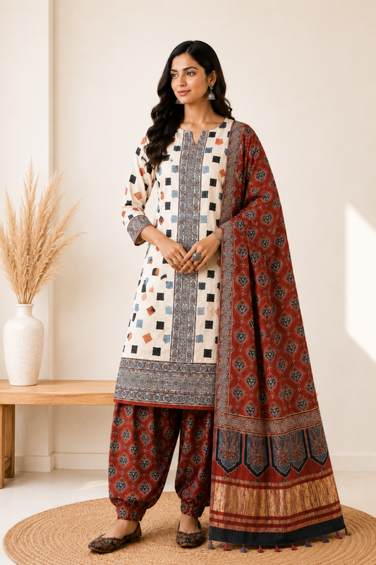 Ajrakh Modal Silk Natural Dye Hand Block Print Dress Material with Golden Border Dupatta - with Tassels - 2.5 Mt Top   -  SKU : AI02501A