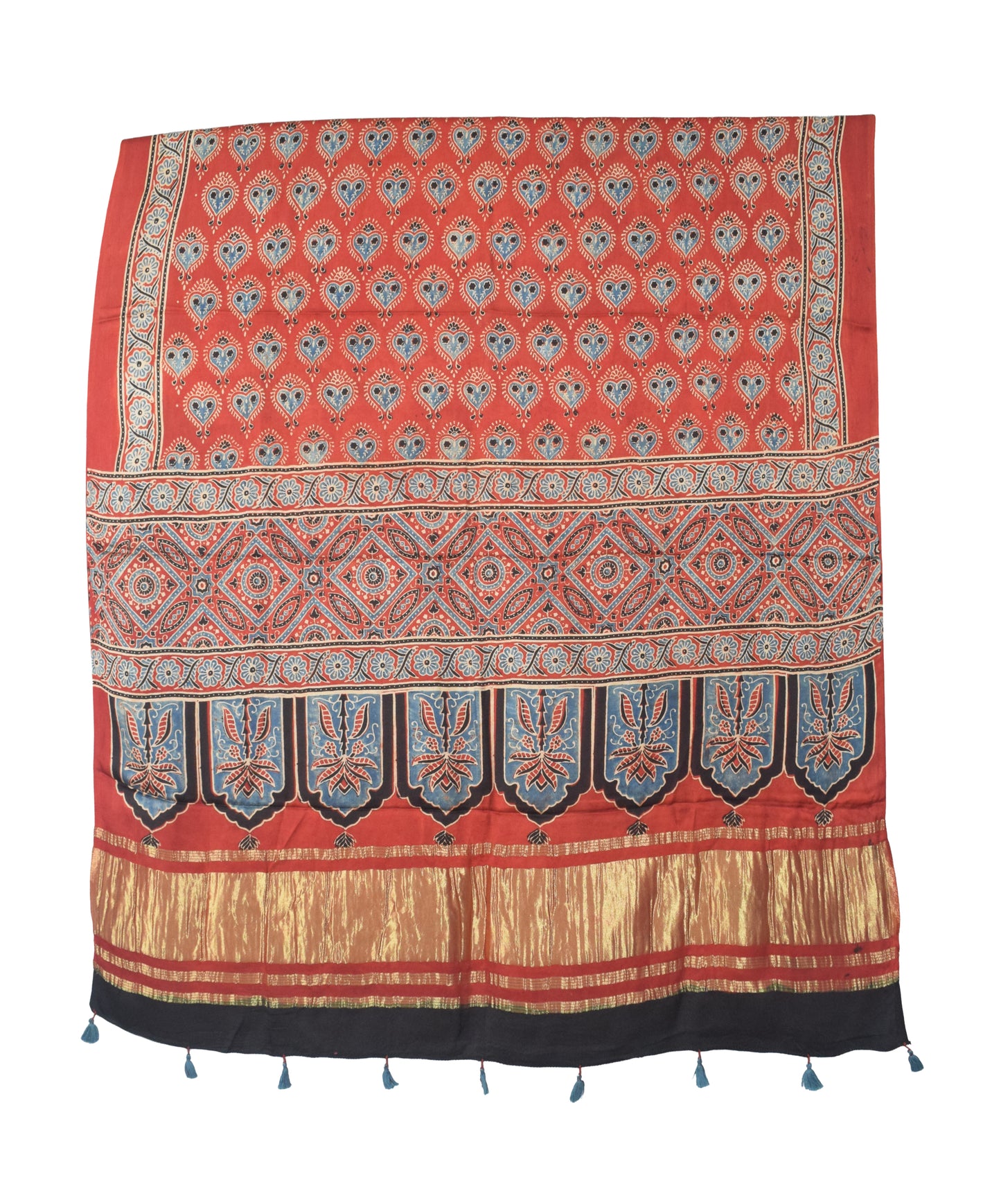 Ajrakh Modal Silk Natural Dye Hand Block Print Dress Material with Golden Border Dupatta - with Tassels - 2.5 Mt Top   -  SKU : AI02501A