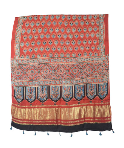 Ajrakh Modal Silk Natural Dye Hand Block Print Dress Material with Golden Border Dupatta - with Tassels - 2.5 Mt Top   -  SKU : AI02501A