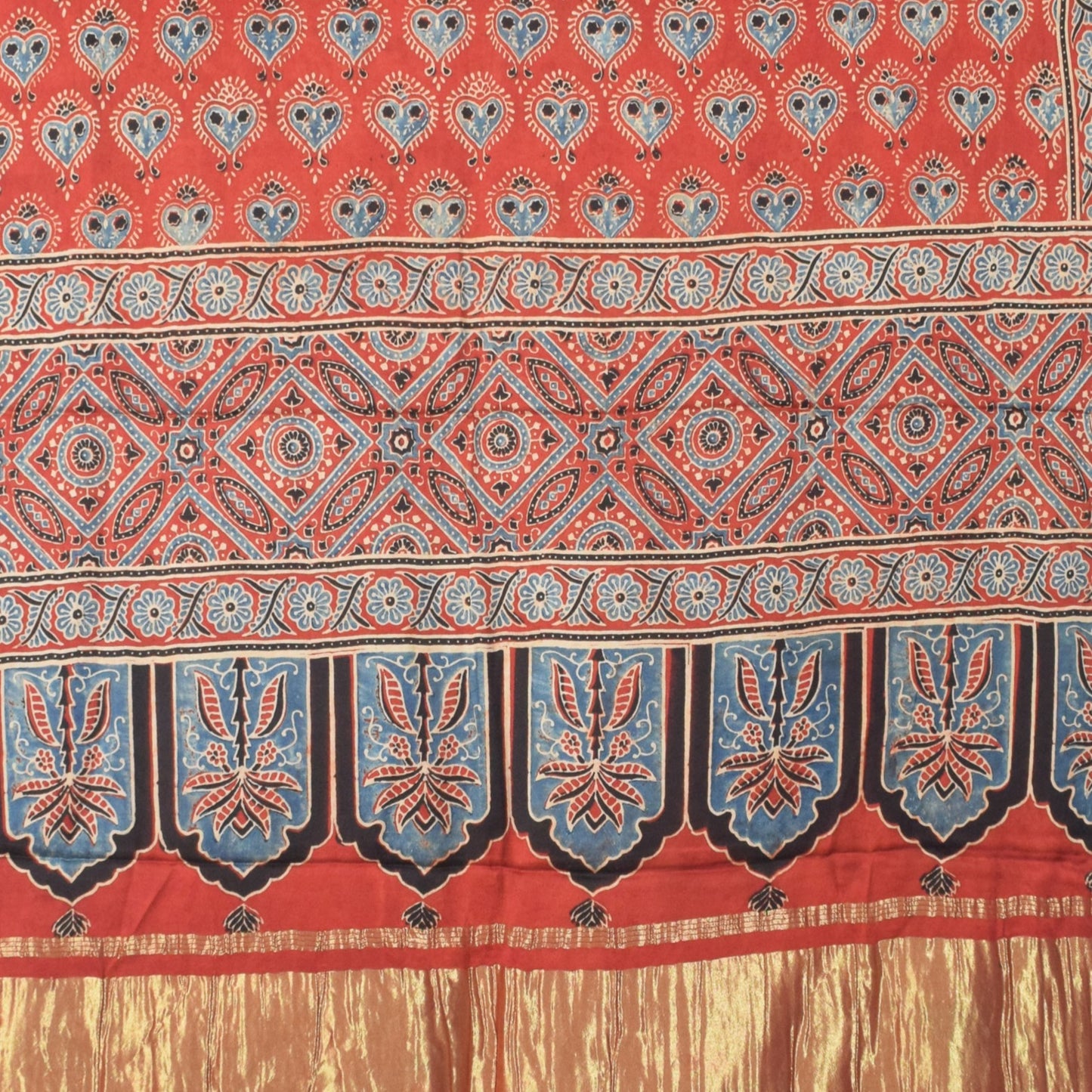 Ajrakh Modal Silk Natural Dye Hand Block Print Dress Material with Golden Border Dupatta - with Tassels - 2.5 Mt Top   -  SKU : AI02501A