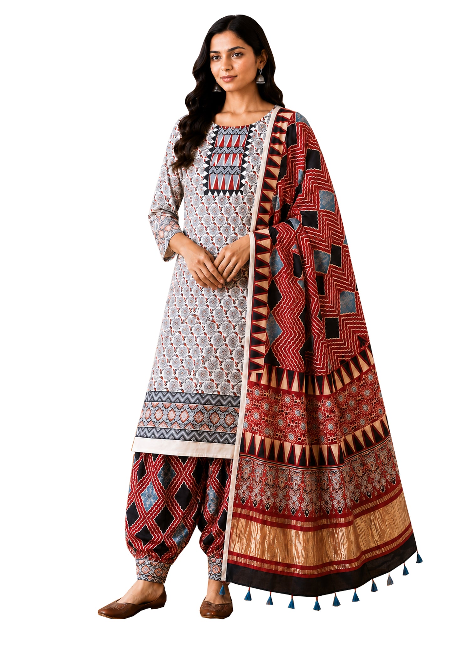 Ajrakh Modal Silk Natural Dye Hand Block Print Dress Material with Golden Border Dupatta - with Tassels - 2.5 Mt Top   -  SKU : AI02501F