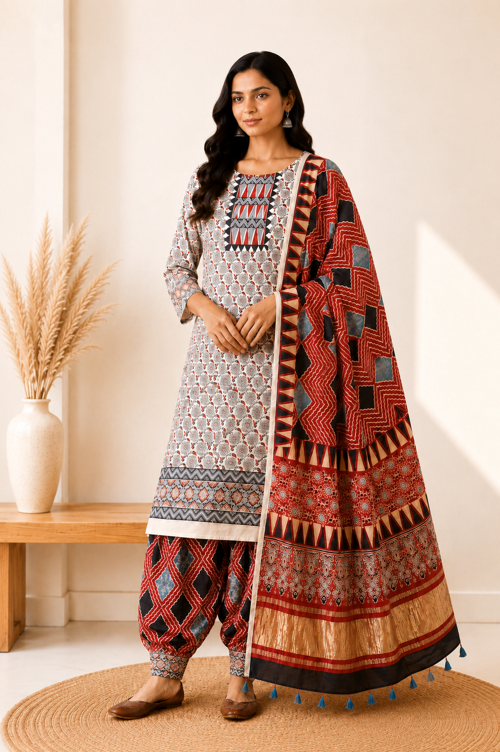 Ajrakh Modal Silk Natural Dye Hand Block Print Dress Material with Golden Border Dupatta - with Tassels - 2.5 Mt Top   -  SKU : AI02501F