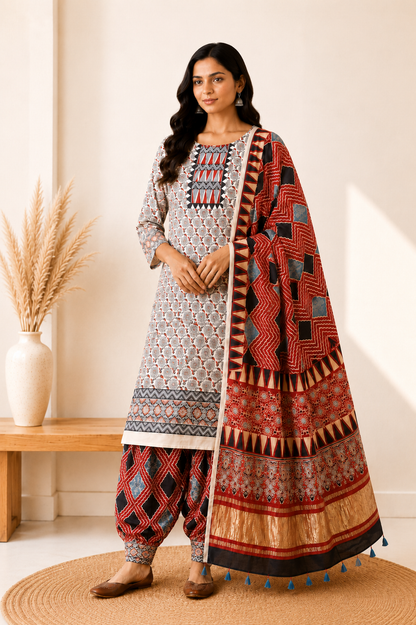 Ajrakh Modal Silk Natural Dye Hand Block Print Dress Material with Golden Border Dupatta - with Tassels - 2.5 Mt Top   -  SKU : AI02501F
