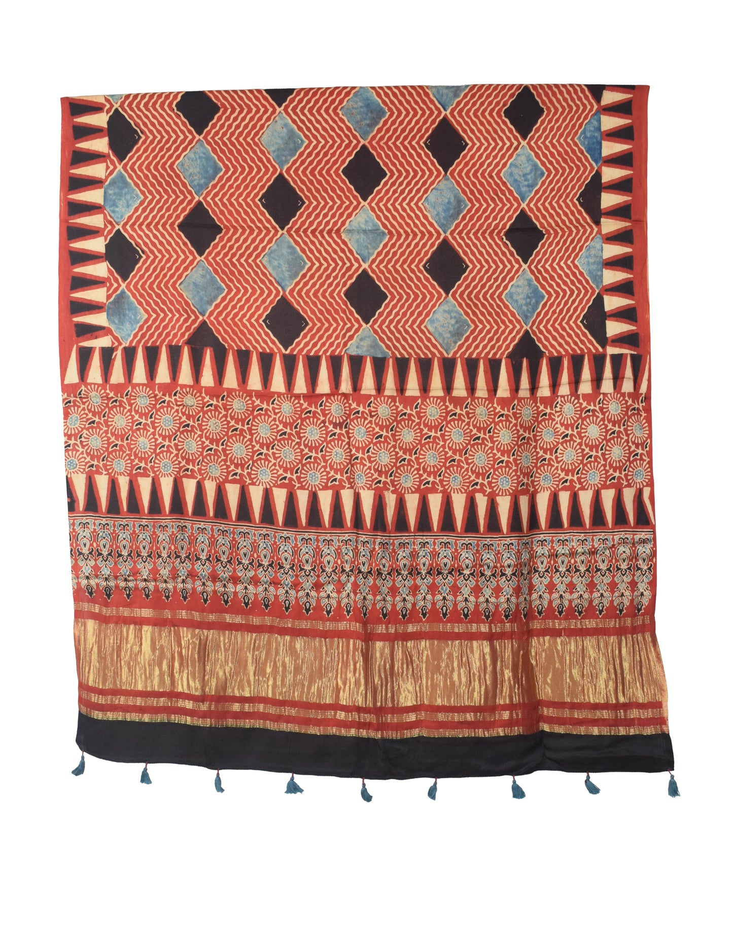 Ajrakh Modal Silk Natural Dye Hand Block Print Dress Material with Golden Border Dupatta - with Tassels - 2.5 Mt Top   -  SKU : AI02501F
