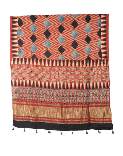 Ajrakh Modal Silk Natural Dye Hand Block Print Dress Material with Golden Border Dupatta - with Tassels - 2.5 Mt Top   -  SKU : AI02501F