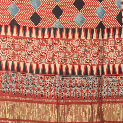Ajrakh Modal Silk Natural Dye Hand Block Print Dress Material with Golden Border Dupatta - with Tassels - 2.5 Mt Top   -  SKU : AI02501F