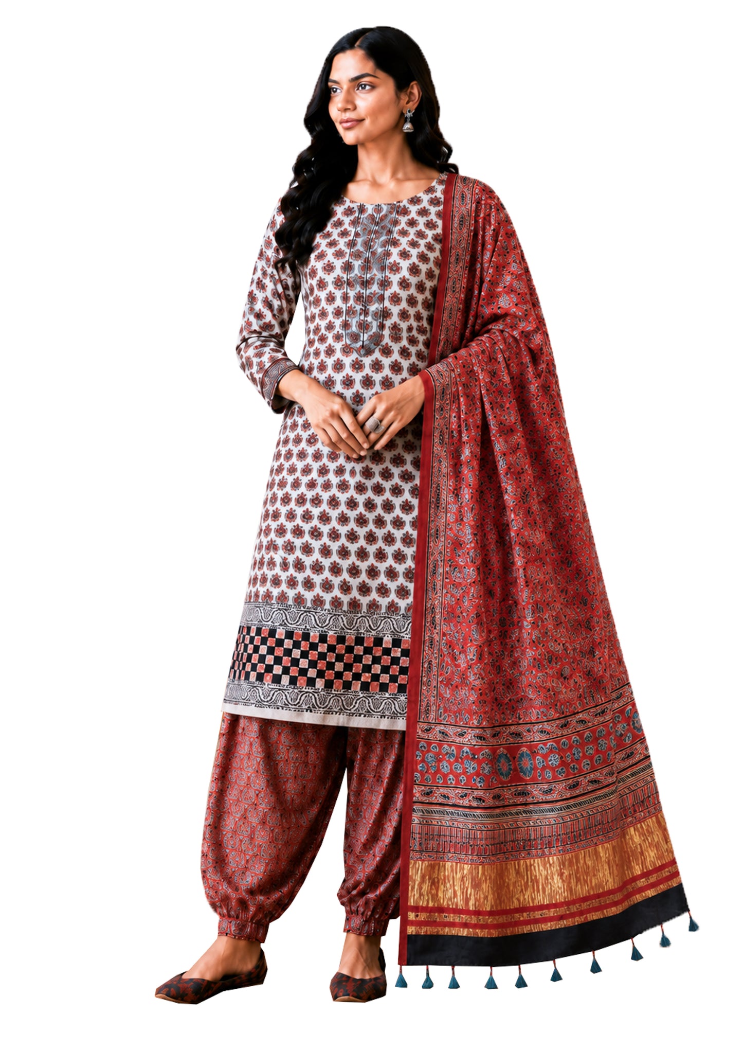 Ajrakh Modal Silk Natural Dye Hand Block Print Dress Material with Golden Border Dupatta - with Tassels - 2.5 Mt Top   -  SKU : AI02501K