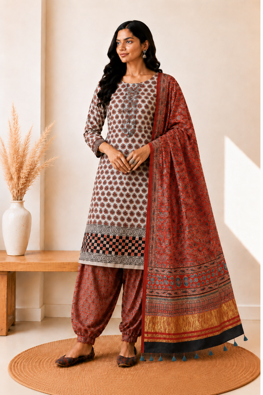 Ajrakh Modal Silk Natural Dye Hand Block Print Dress Material with Golden Border Dupatta - with Tassels - 2.5 Mt Top   -  SKU : AI02501K