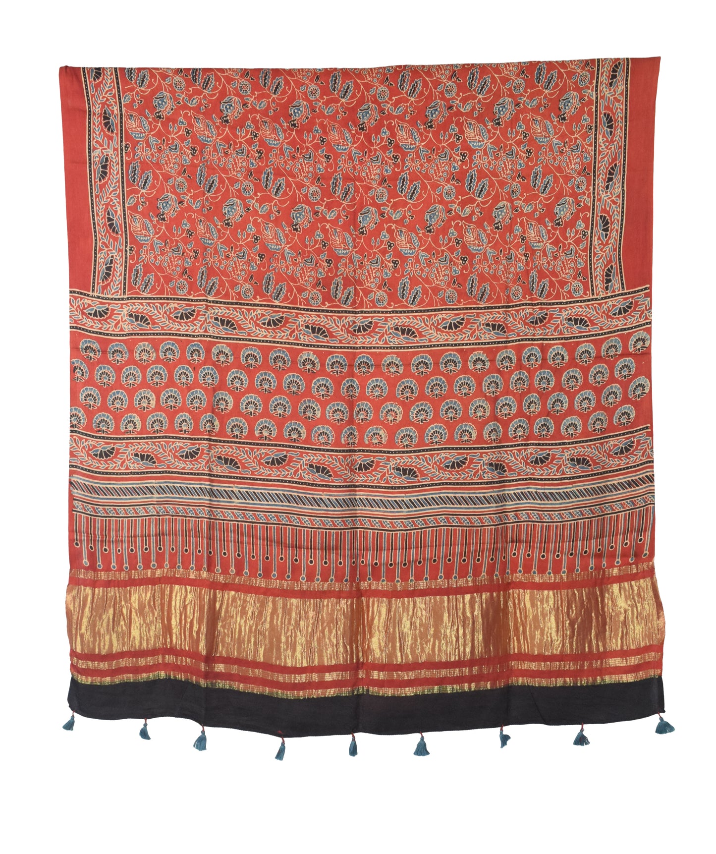 Ajrakh Modal Silk Natural Dye Hand Block Print Dress Material with Golden Border Dupatta - with Tassels - 2.5 Mt Top   -  SKU : AI02501K