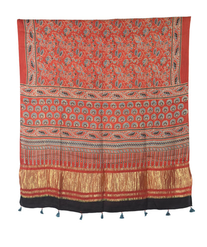 Ajrakh Modal Silk Natural Dye Hand Block Print Dress Material with Golden Border Dupatta - with Tassels - 2.5 Mt Top   -  SKU : AI02501K