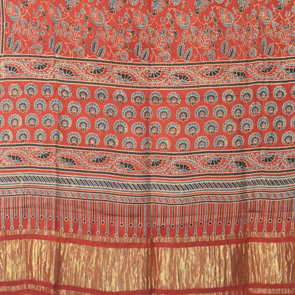 Ajrakh Modal Silk Natural Dye Hand Block Print Dress Material with Golden Border Dupatta - with Tassels - 2.5 Mt Top   -  SKU : AI02501K