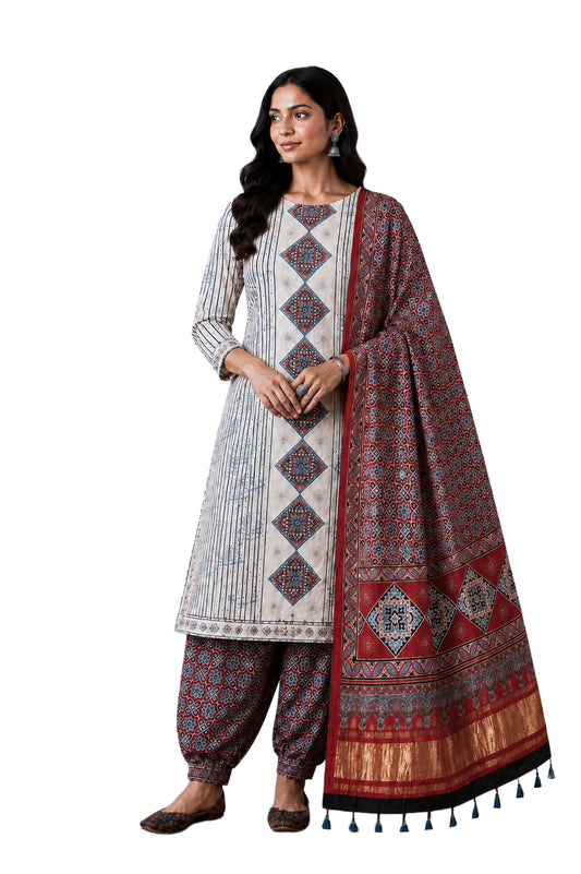 Ajrakh Modal Silk Natural Dye Hand Block Print Dress Material with Golden Border Dupatta - with Tassels - 2.5 Mt Top   -  SKU : AI02501P